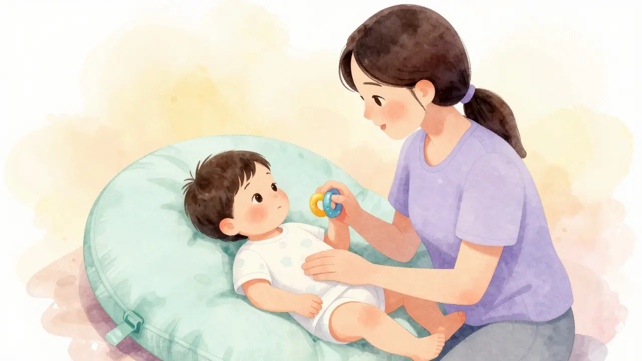 Matka trpělivě učí své dítě hranicím a nabízí mu kousátko jako alternativu.