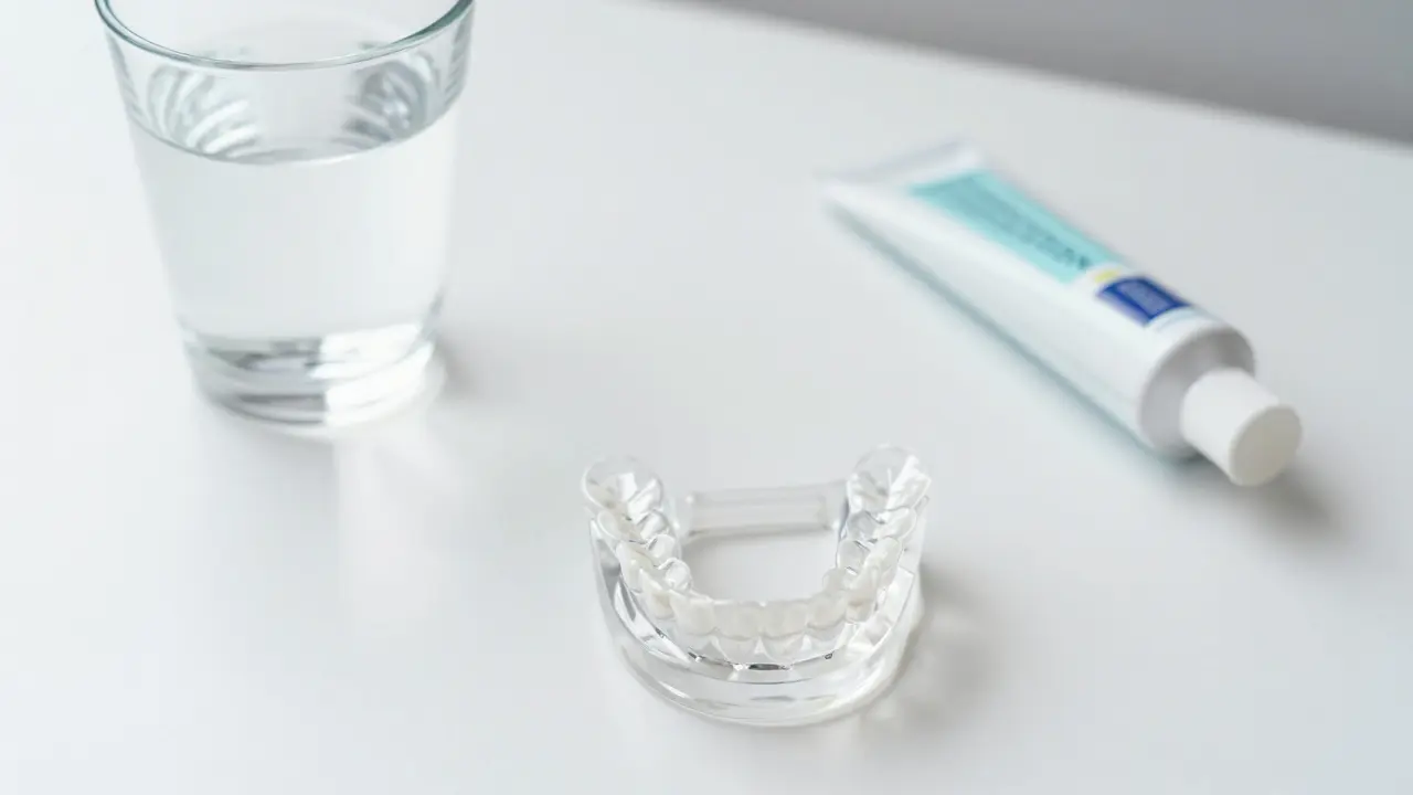 Ochranná noční šina na čistém bílém povrchu v dentální klinice.