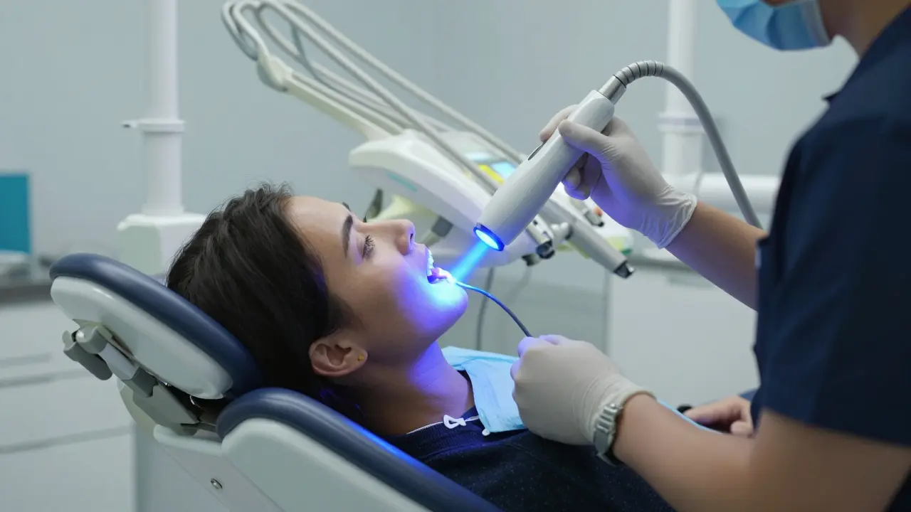 Profesionální bělení zubů pomocí modrého LED světla v ordinaci.