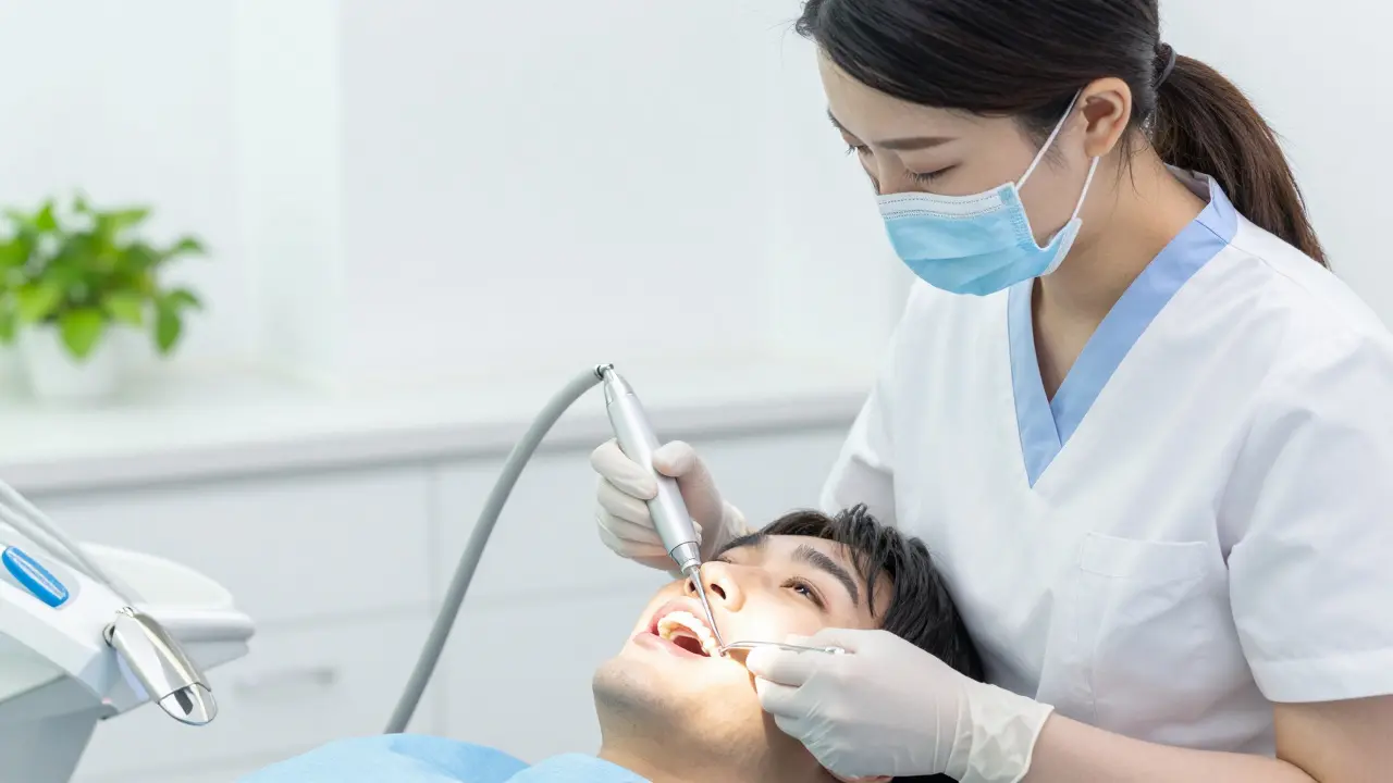 Profesionální dentální hygiena při čištění zubů v moderní ordinaci.