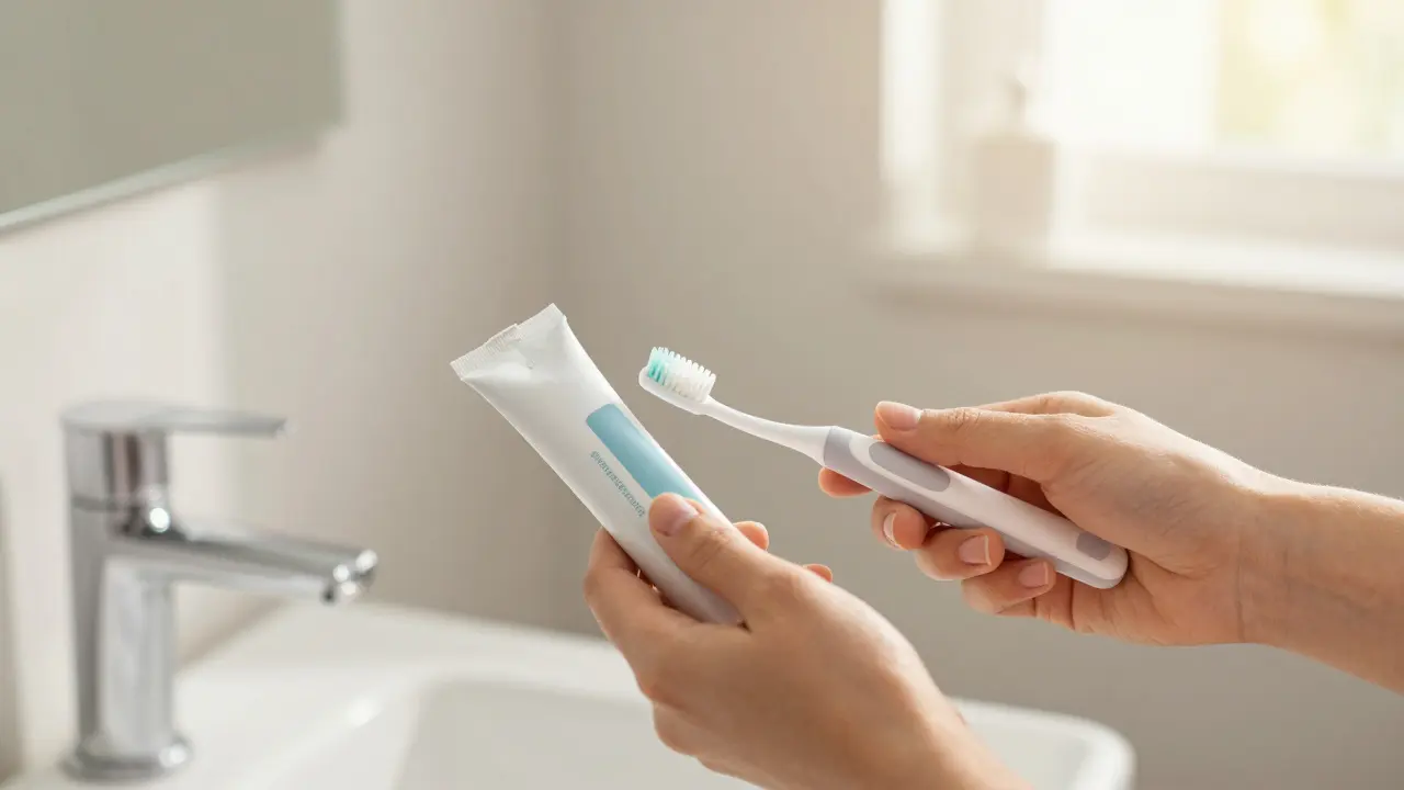 Ruka držící jemný kartáček a pastu pro udržení zdraví zubů.