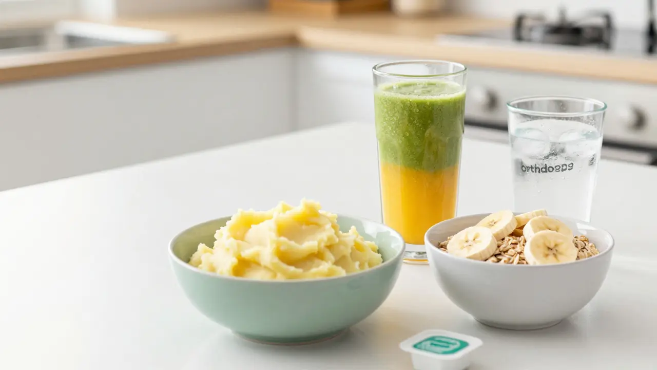 Sada měkkých jídel včetně smoothie, kaše a bramborové kaše s ortodontickým voskem.