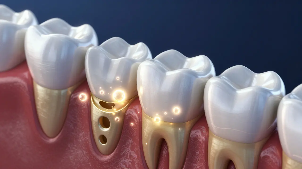 Schématický pohled na proces odstranění pigmentů z zubní skloviny.