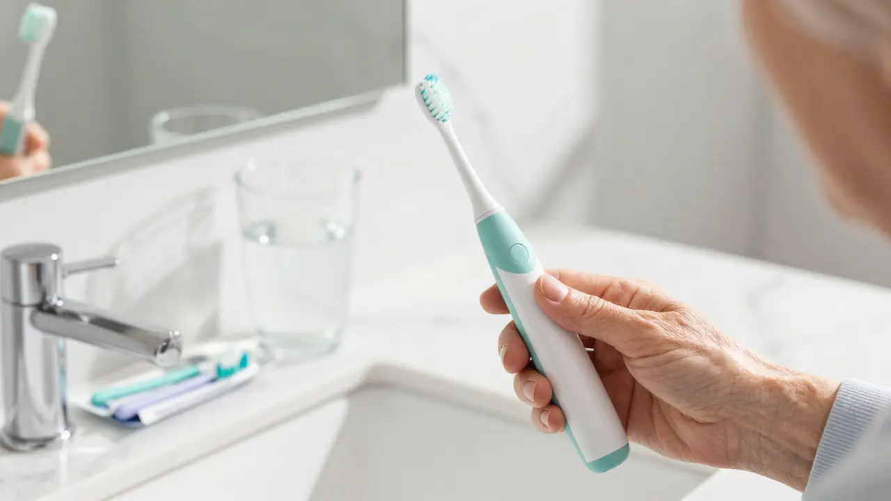 Seniorská ruka držící sonický kartáček pro efektivní hygienu zubů.