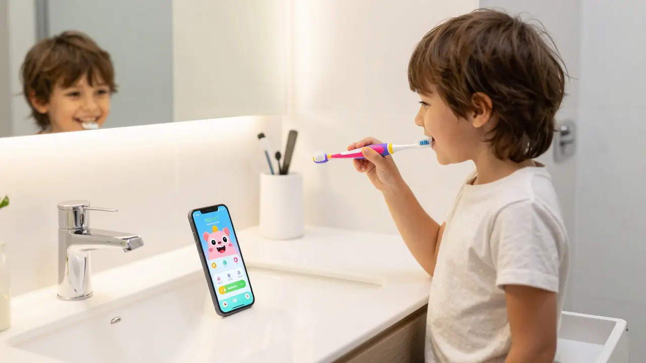Šestileté dítě si s radostí čistí zuby s pomocí gamifikované aplikace v mobilu.