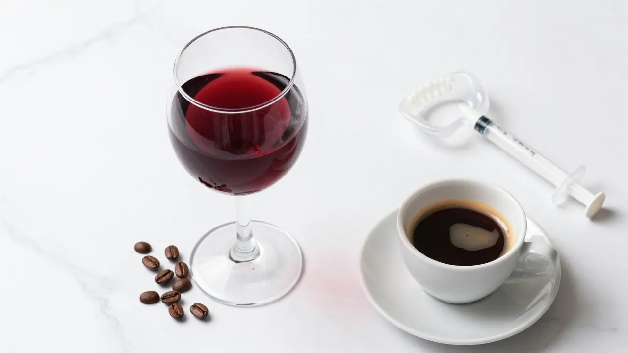 Srovnání bělicího setu s potravinami způsobujícími pigmentaci, jako je víno a káva.