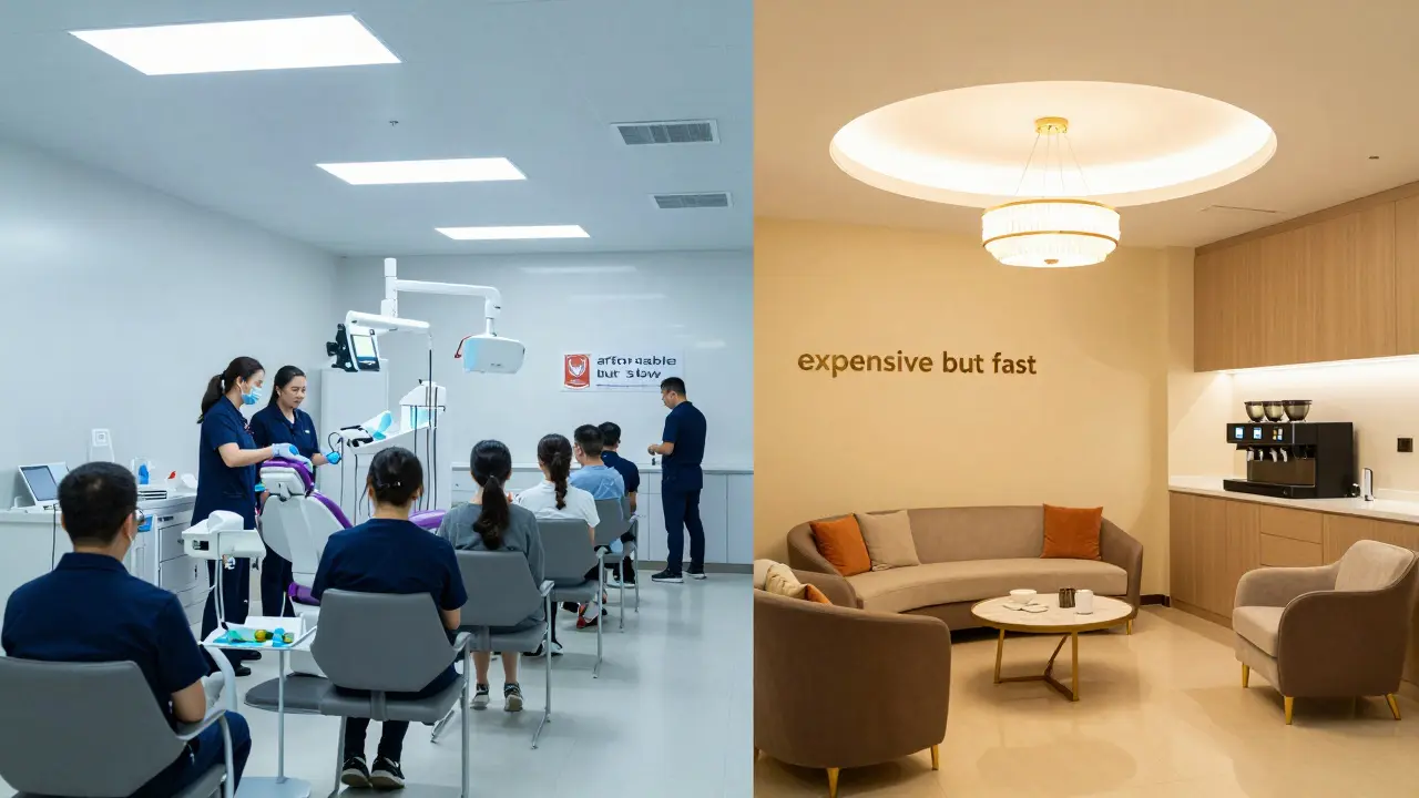 Srovnání čekárny státní nemocnice a luxusní soukromé zubní kliniky