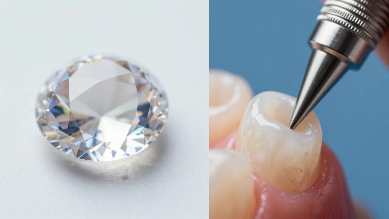 Srovnání detailu keramické faseti a kompozitní materiálu.