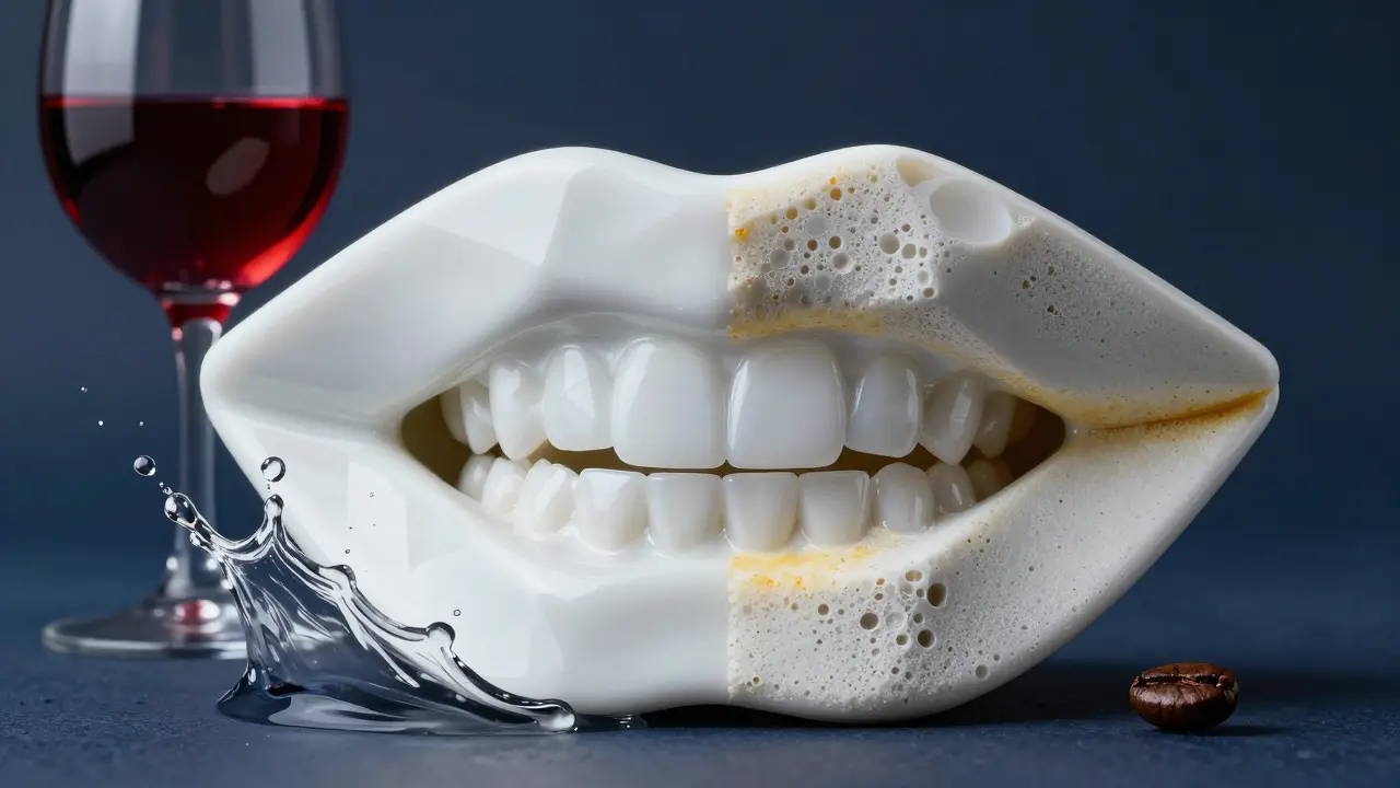 Srovnání porcelánových a kompozitních veneers s symboly kávového a vínného zbarvení.