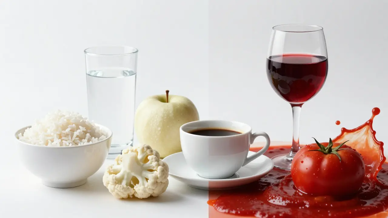 Srovnání potravin bílé diety s silně barvícími potravinami.