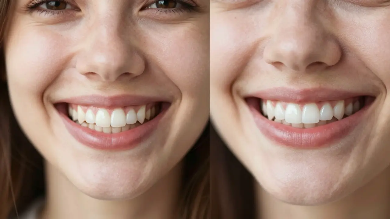 Srovnání přirozeného úsměvu po bělení a opraveného úsměvu s fasety.
