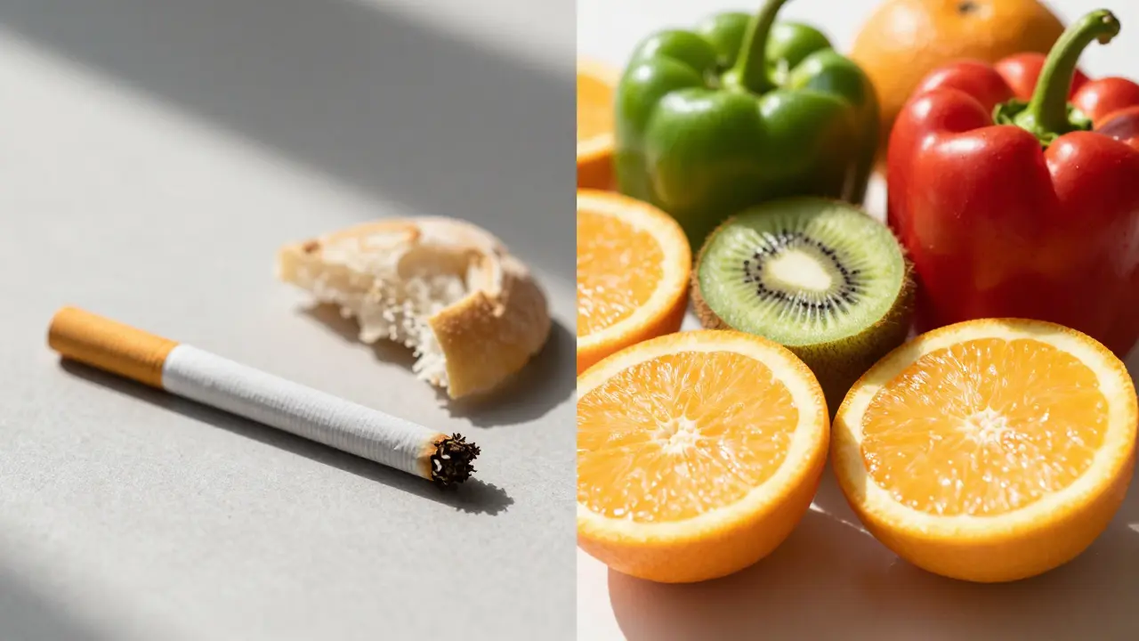 Srovnání škodlivých návyků a zdravých potravin bohatých na vitamín C pro regeneraci dásní.