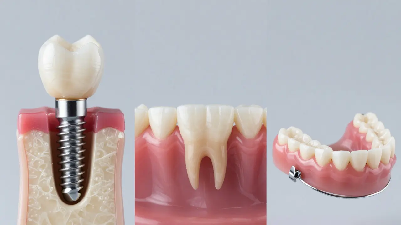 Srovnání zubního implantátu, můstku a parciální sklonky v detailu.