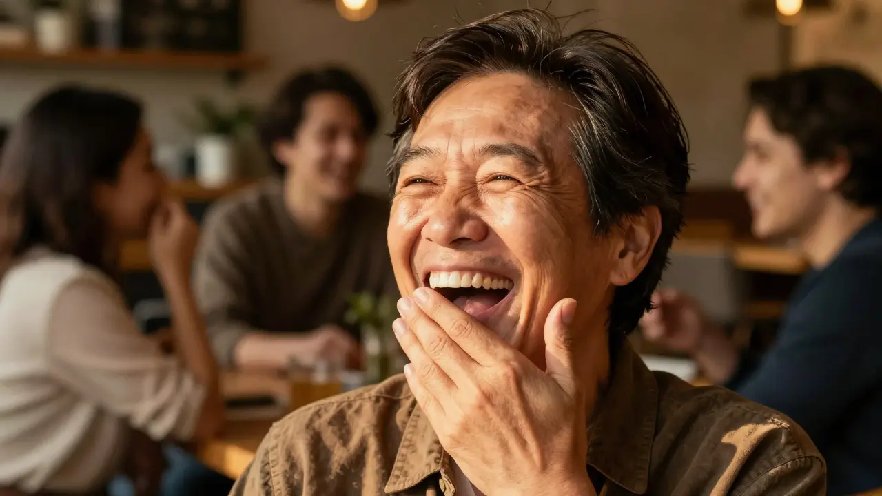 Šťastný člověk s přirozeným úsměvem v doprovodu přátel