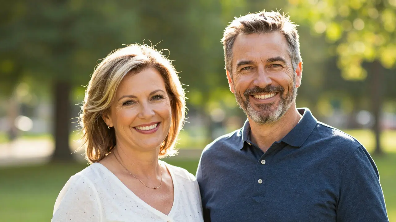 Šťastný pár s přirozeným a zdravým úsměvem v parku.