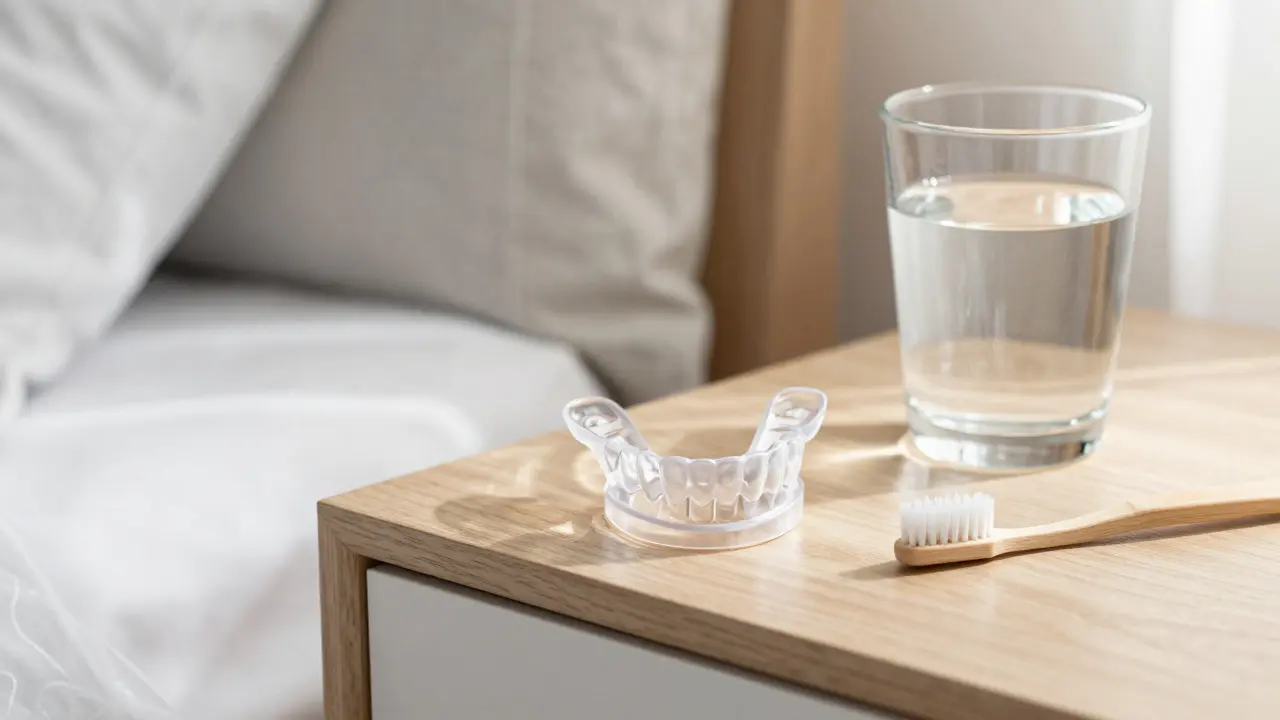 Transparentní noční šínka pro ochranu zubů na nočním stolku.