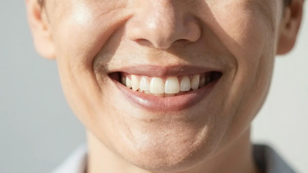 Úsměv spokojeného člověka s esteticky doplněnými zuby v přirozeném světle.