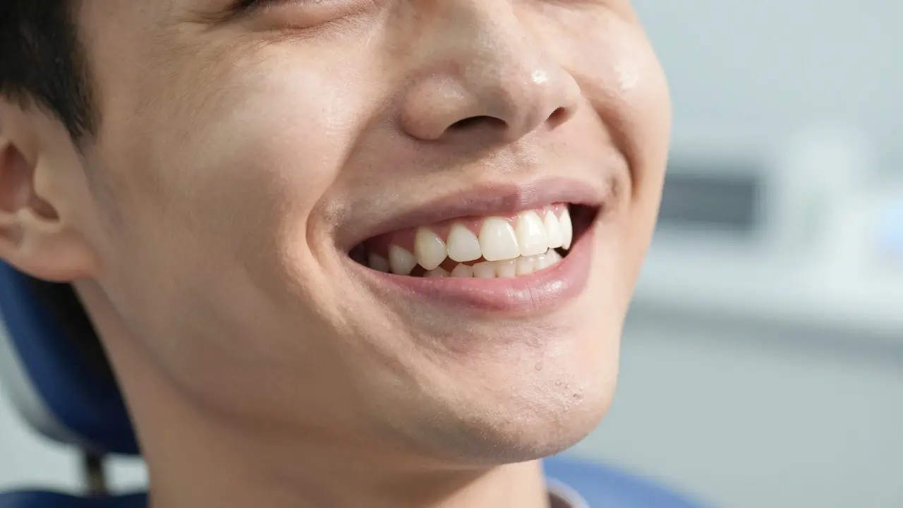 Úsměv spokojeného pacienta s přirozeně vypadajícími zubními implantáty.