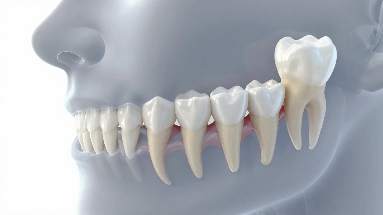 Anatomický pohled na různé typy zubů: špiňáky, premoláry a moláry