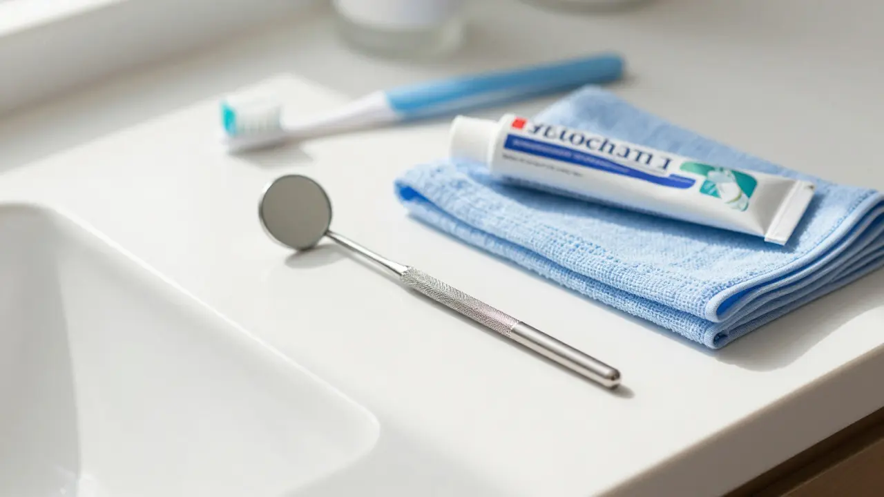 Dentální zrcátko a hygienické potřeby na čistém pultu pro údržbu.