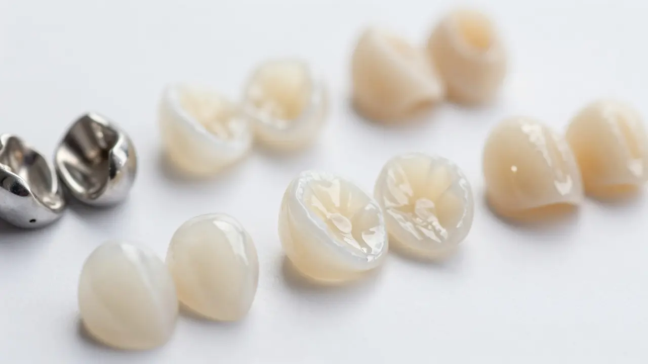 Detaily porcelánových vložek a zirkoniových korunek na bílém pozadí.