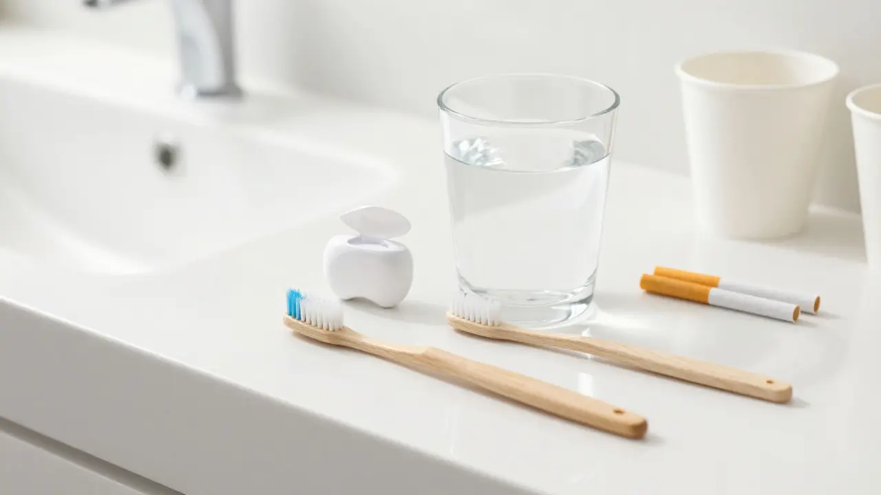 Hygiena ústní dutiny: měkký kartáček, nit a voda pro prevenci tvorby kamene.