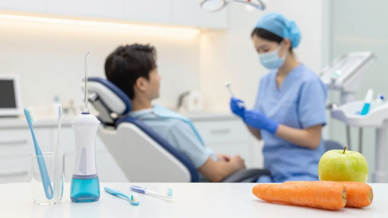 Moderní stomatologická ordinace s pacientem a domácími pomůckami na hygienu