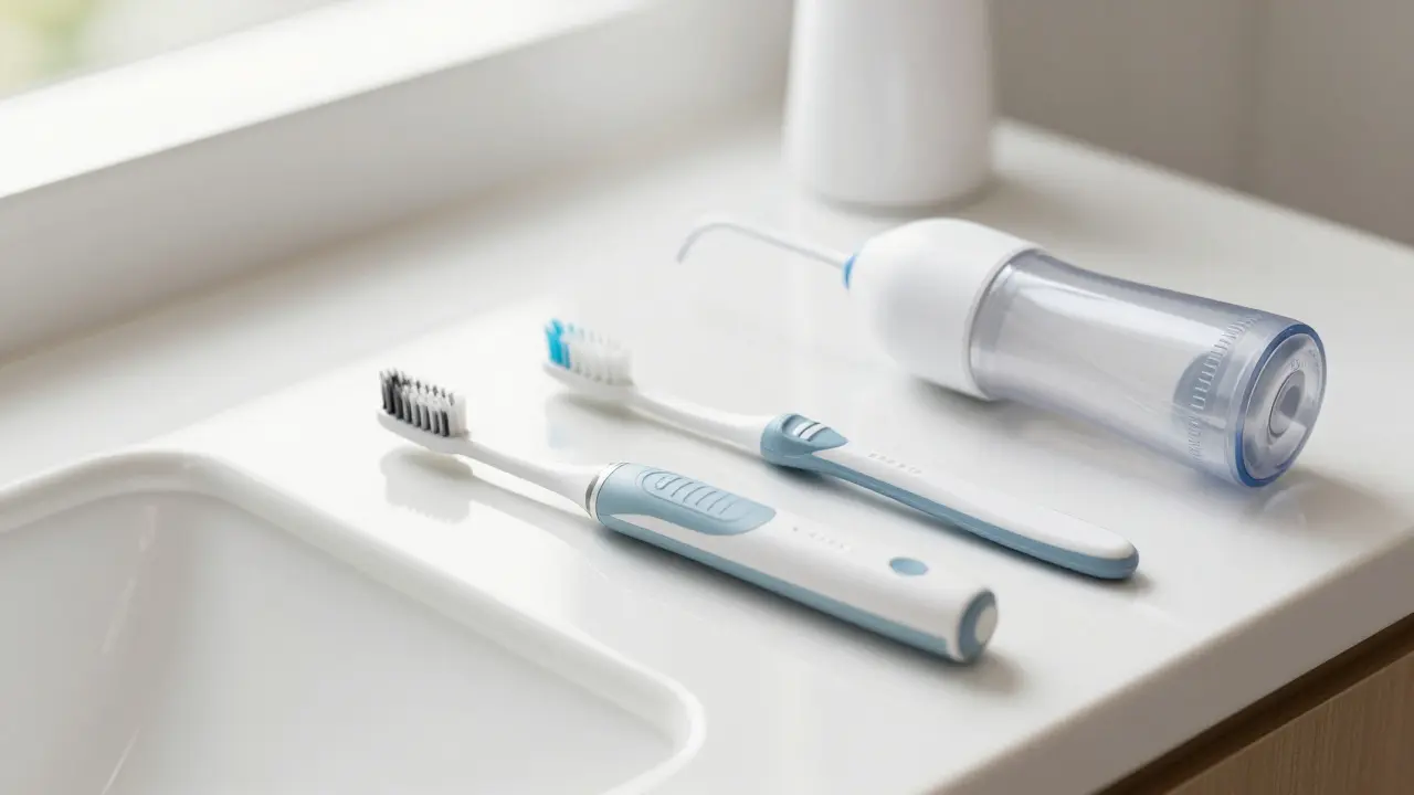 Nástroje pro ústní hygienu včetně vodního jetkartáče a interdentálních kartáčků