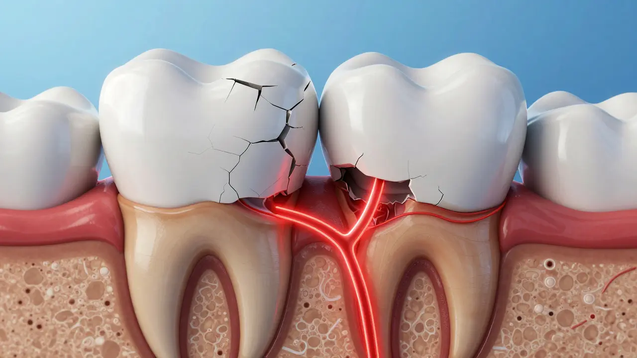 Řez zuby ukazující kaz v dentinu a podráždění nervu