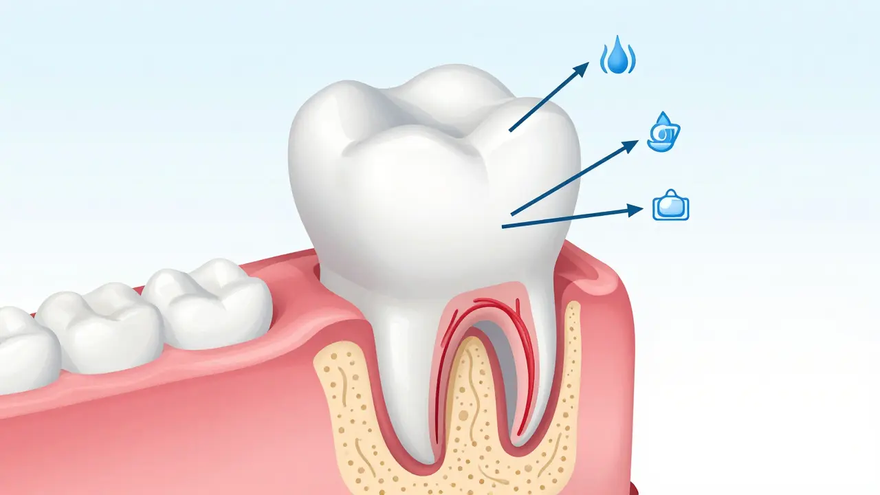 Schéma zubu ukazující dentin, nerv a průnik podnětů do kanálků