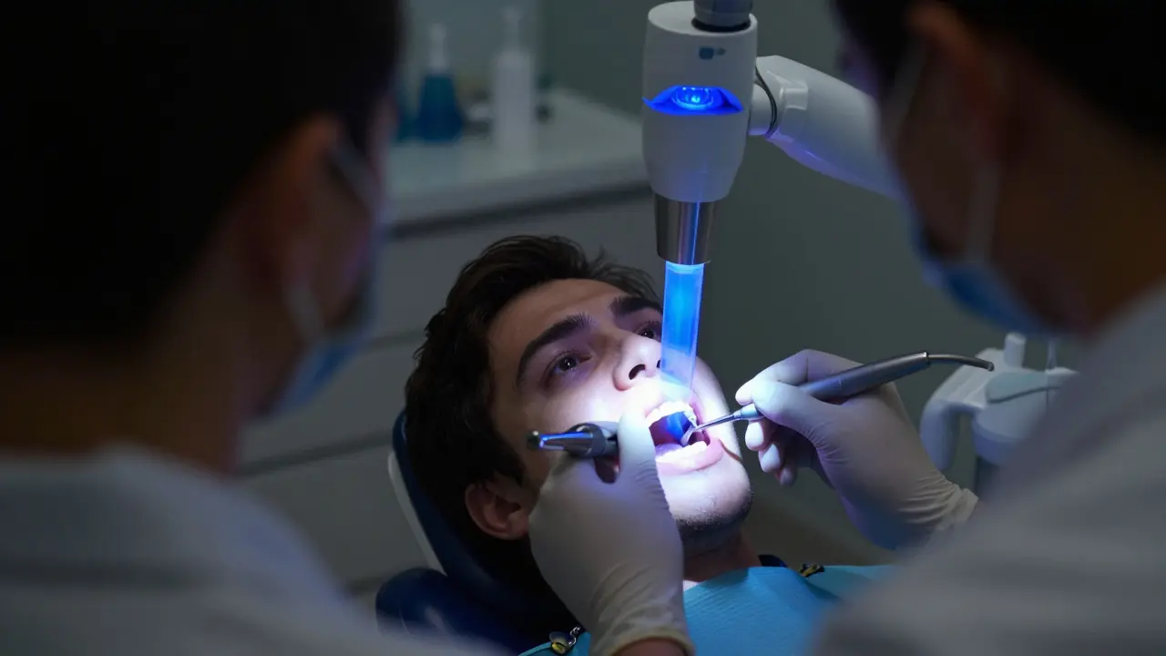 Dentista používá modré světlo pro tvrdění cementu při lepení zubních fazet.