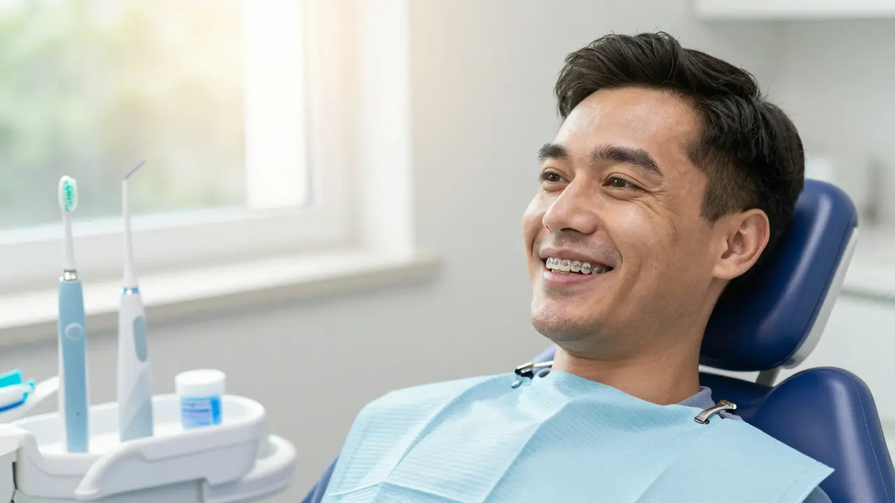 Dospělý pacient s rovnátky a hygienickými pomůckami