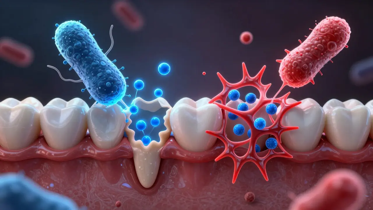 Ilustrace demineralizace a fluoridové ochrany zubu