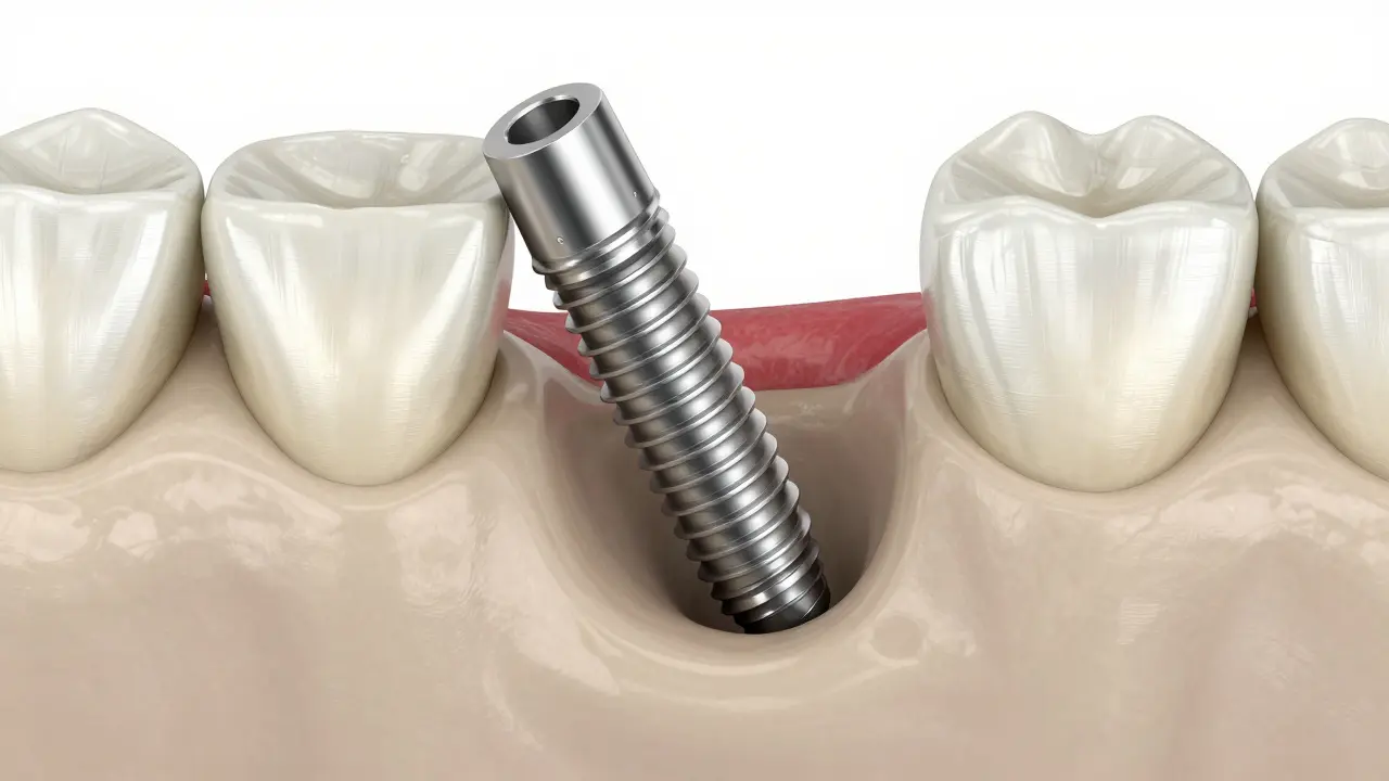 Titanový zubní implantát umístěný do čelisti pro náhradu zubu