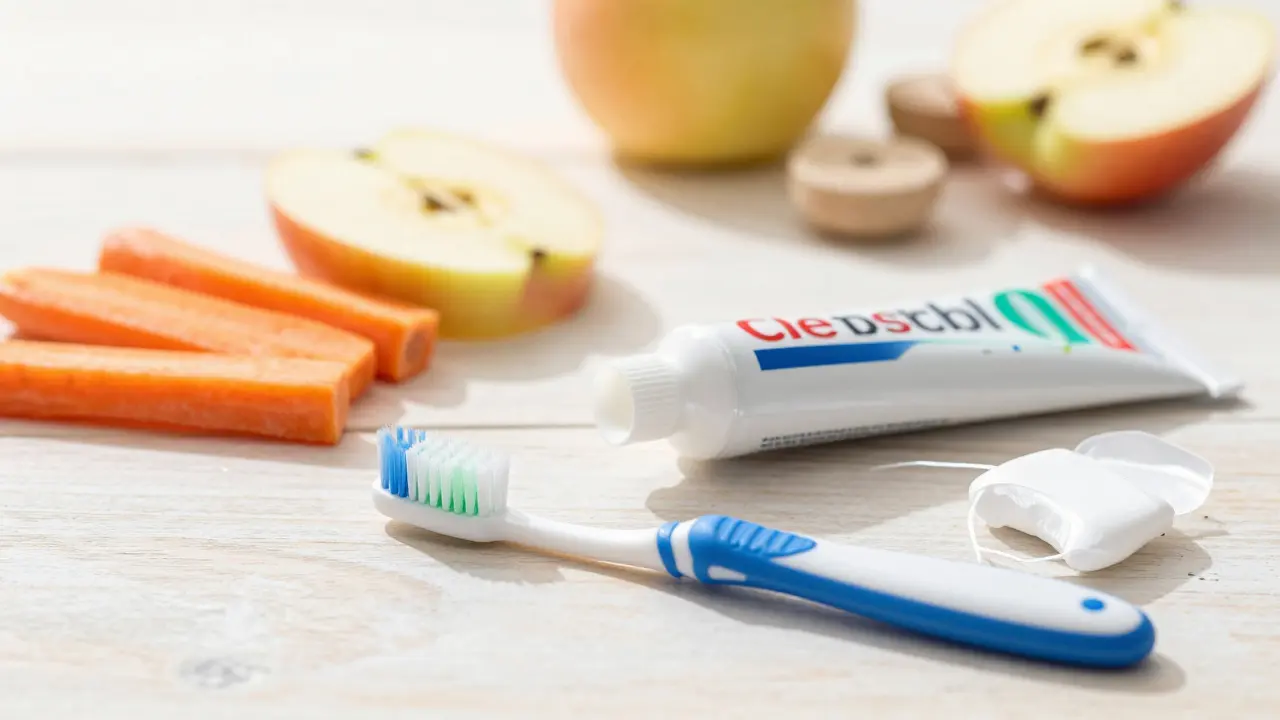 Zubní kartáček, niť a zdravé svačiny pro prevenci zubního kamene