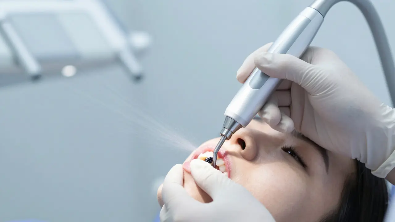 Dentální hygienistka čistí zuby ultrazvukovým nástrojem