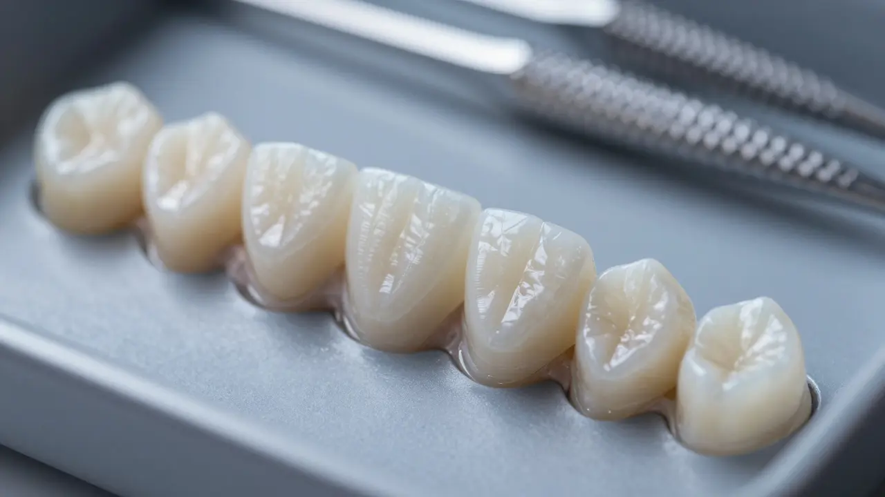 Detail keramických fazet a přirozených zubů na lékařském podnose