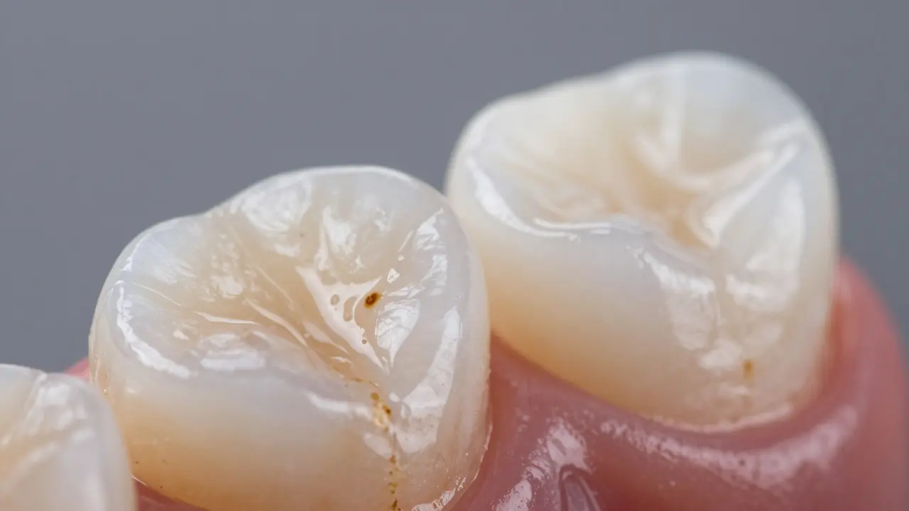 Detailní záběr na rozdíl mezi plastovým kompozitem a porcelánem