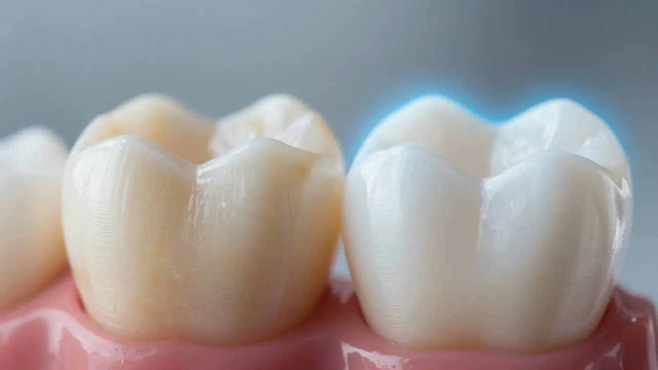 Makro záběr zubu ukazující odstranění skvrn pomocí oxidace