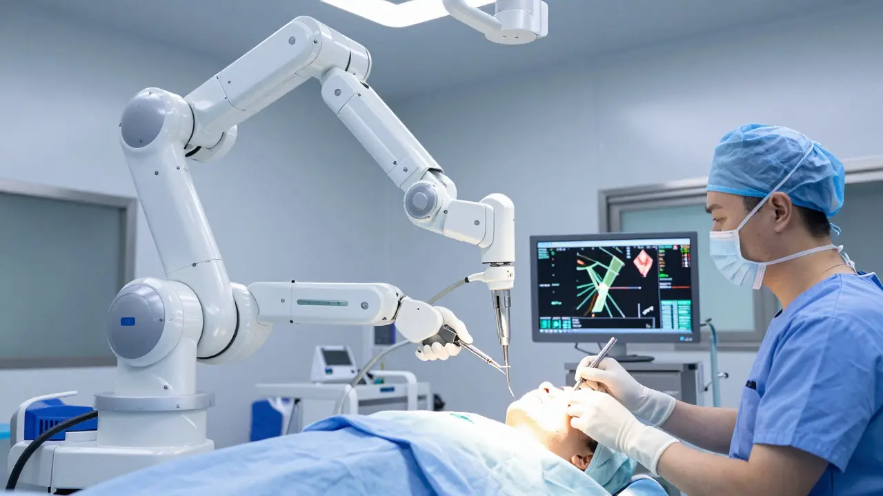 Robotická ruka asistující při precizní operaci čelisti v operačním sále