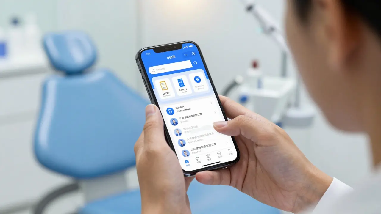 Ruce drží telefon s hledáním recenzí na pozadí zubní ordinace