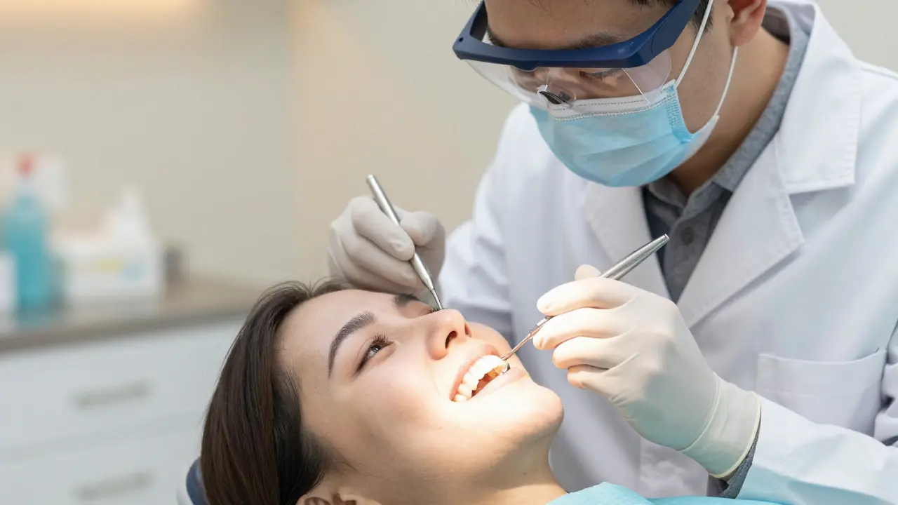 Dentista vyšetřuje úsměv pacienta v moderní ordinaci