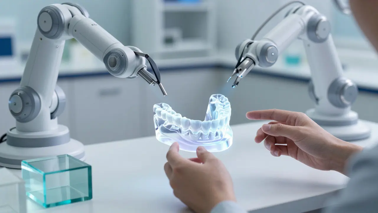 Digitální 3D model čelisti a bloky keramického materiálu v laboratoři