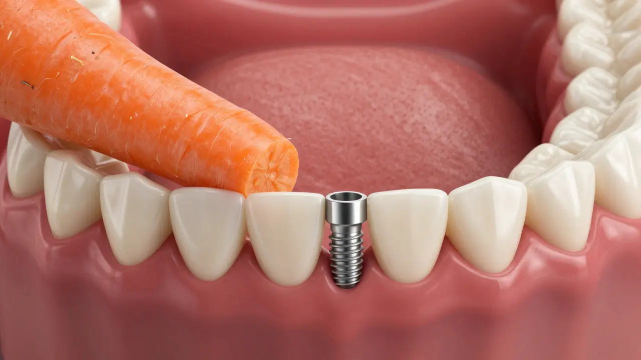 Porovnání zdravých stoliček, chybějícího zubu a dentálního implantátu