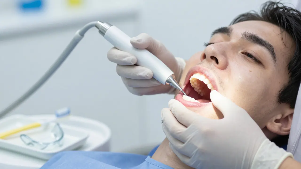 Zubní hygienistka provádí profesionální čištění v moderní ordinaci