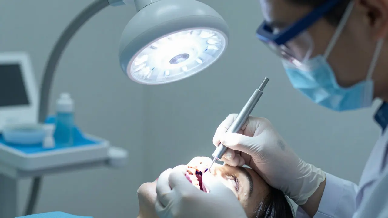 Zubní lékař provádí diagnostiku transiluminací, zuby svítí tmavě.