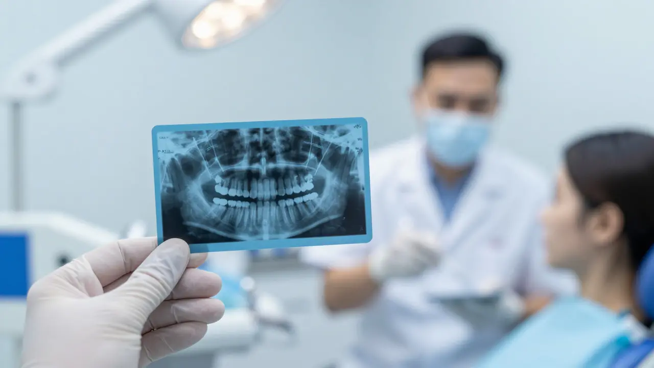 Zubní rentgen ukazující polohu osmičky vůči nervu