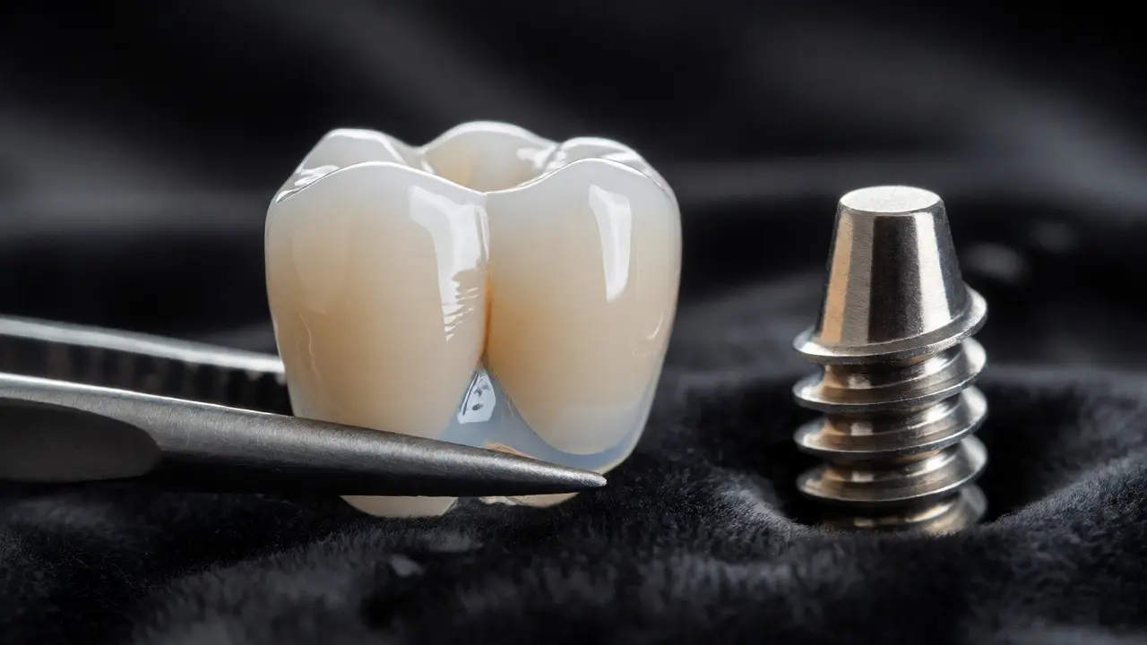 Detailní pohled na keramickou korunku a titanový implantát