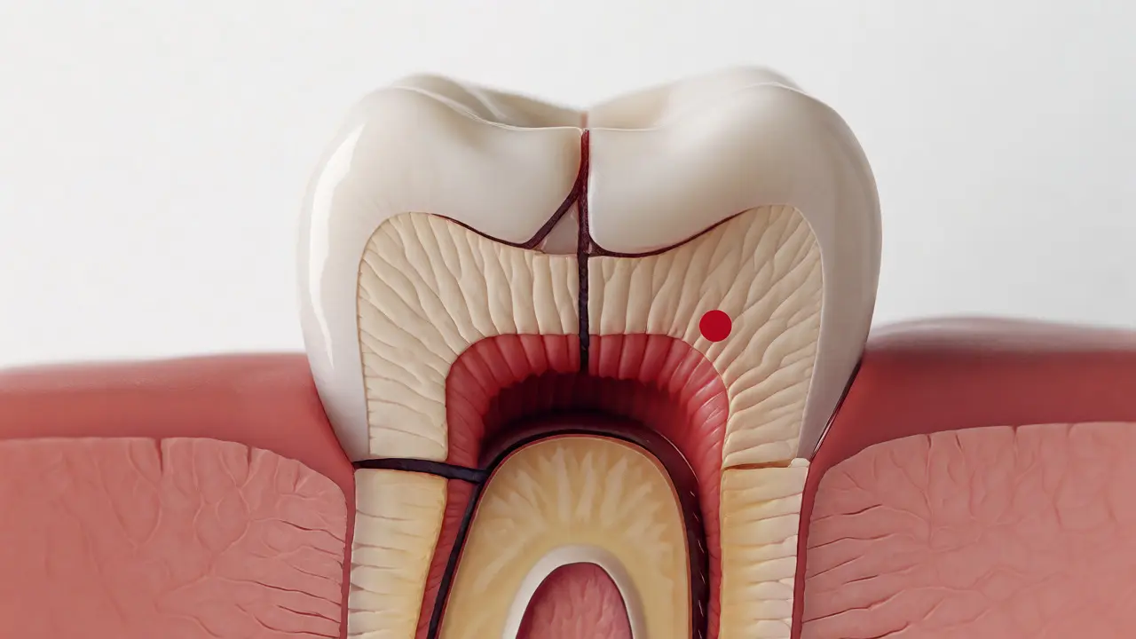 Detailní řez zubem ukazující vrstvy skloviny, dentinu a dřeně s vyznačenou frakturou.