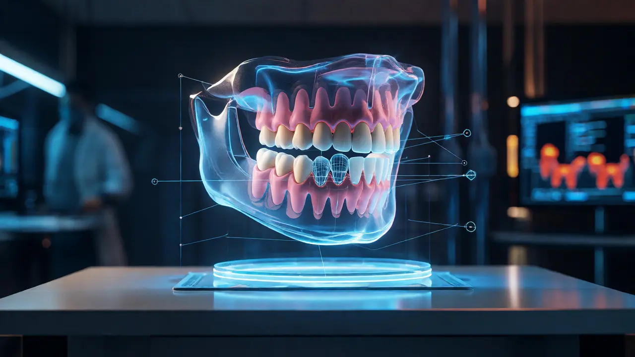 Holografický 3D model zubů s barevně odlišenými fázemi korekce.